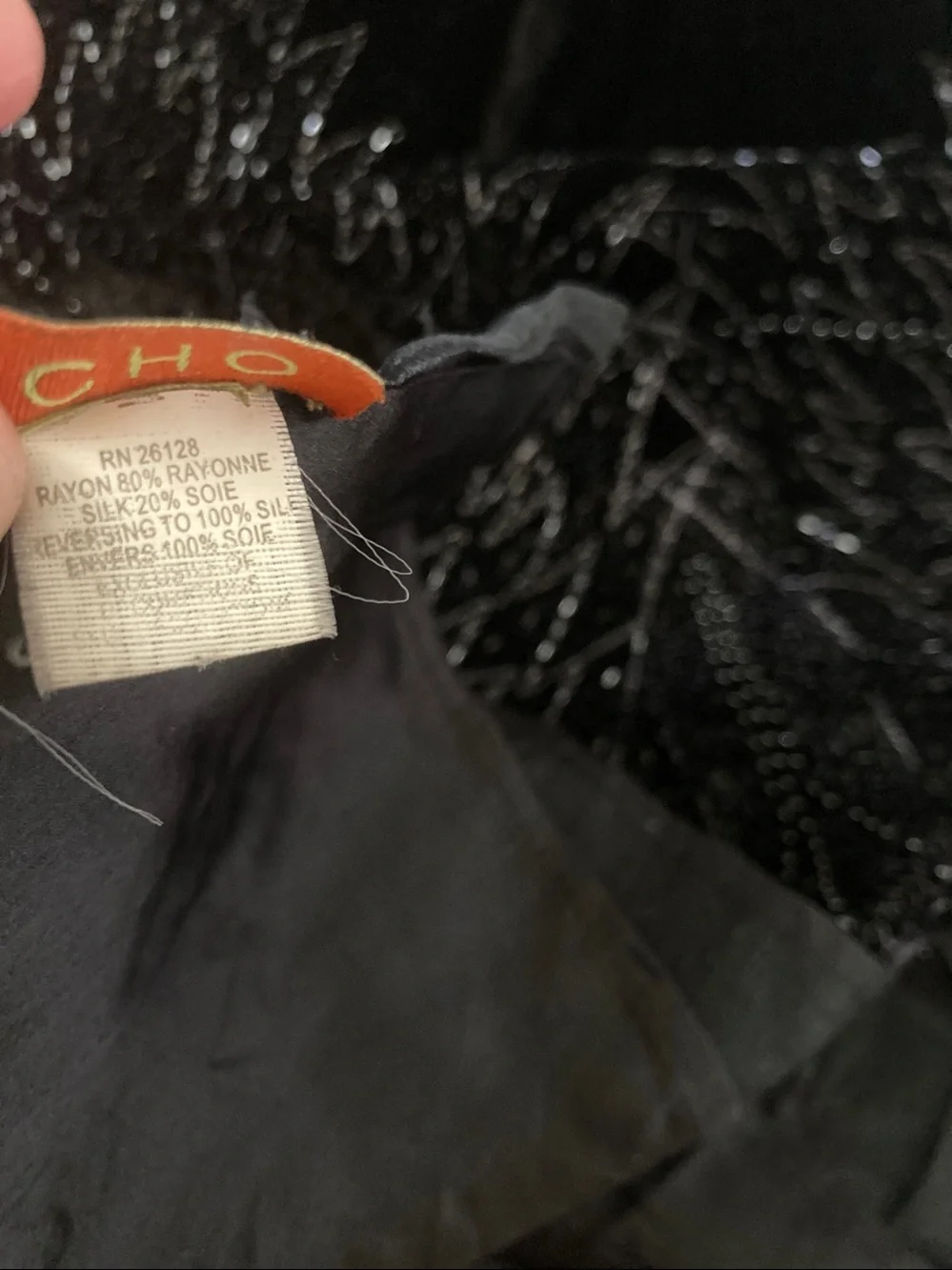 Vintage Echo black beaded silk satin & velvet scarf.